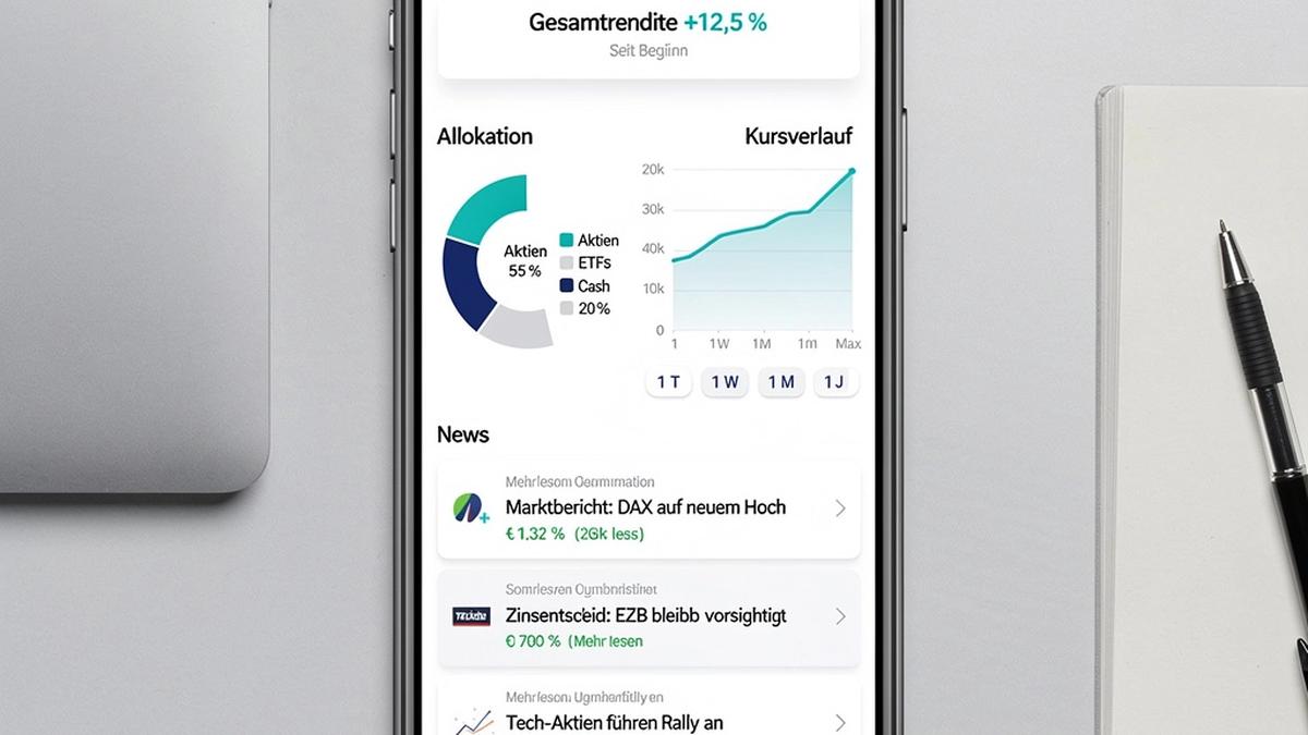 App-Ansicht mit Portfolio-Übersicht, Allokationsdiagramm und News-Karten