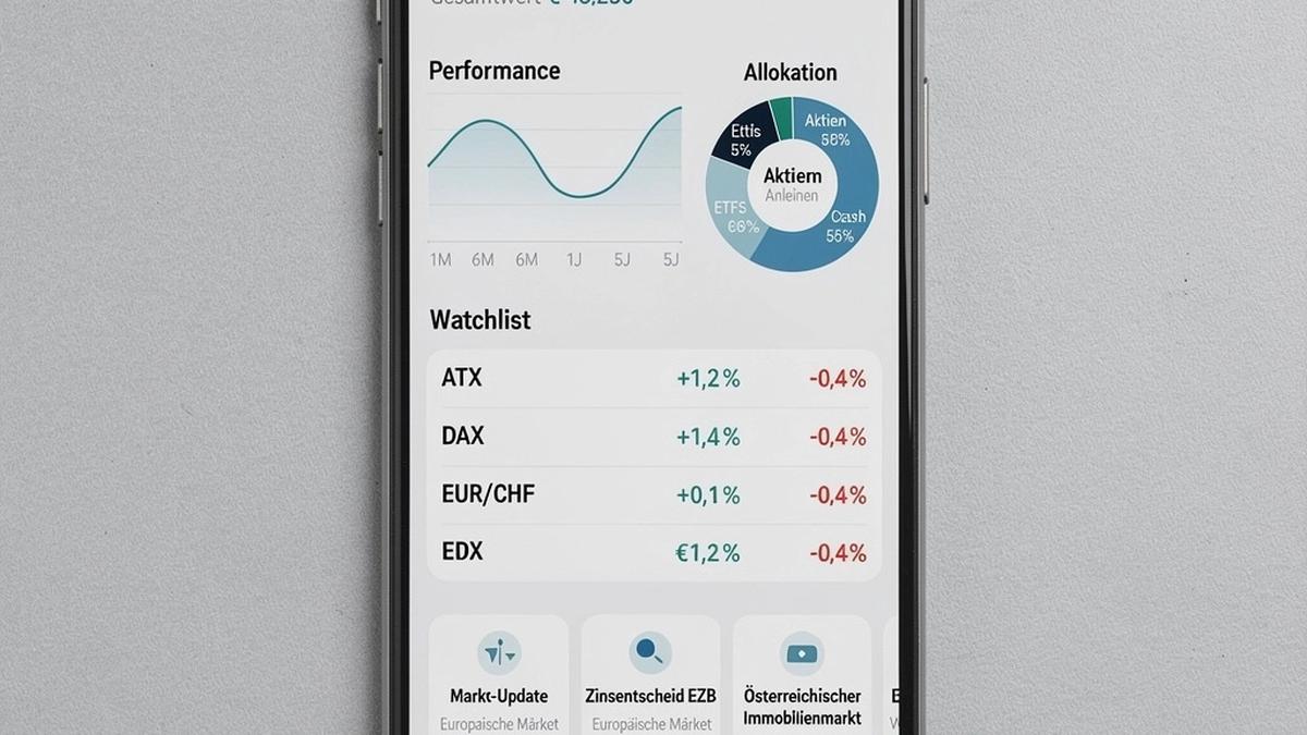 App-Ansicht mit Portfolio-Übersicht, Watchlist und Markt-Updates